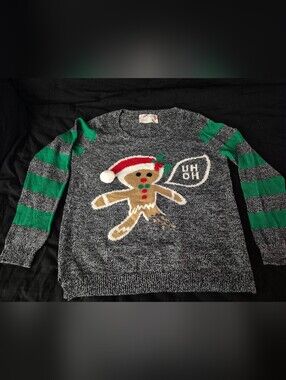 Gray Holiday Gingerbread Man Sweater with Pom Pom Accent